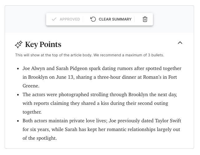 The summaries editor in the CMS, where an editor can type a summary by hand or press Generate to draft one with AI